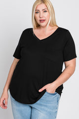 Black V-Neck Front Pocket Short Sleeve Plus Top