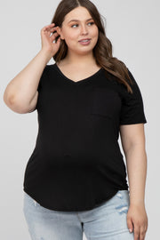 Black V-Neck Front Pocket Short Sleeve Maternity Plus Top