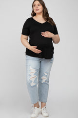 Black V-Neck Front Pocket Short Sleeve Maternity Plus Top