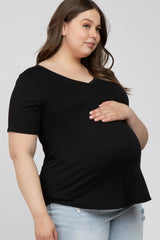 Black V-Neck Front Pocket Short Sleeve Maternity Plus Top