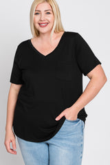 Black V-Neck Front Pocket Short Sleeve Maternity Plus Top