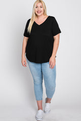 Black V-Neck Front Pocket Short Sleeve Plus Top