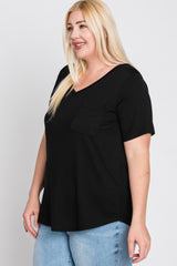 Black V-Neck Front Pocket Short Sleeve Plus Top