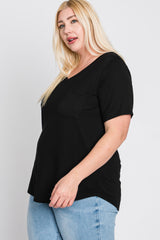 Black V-Neck Front Pocket Short Sleeve Plus Top