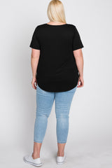 Black V-Neck Front Pocket Short Sleeve Plus Top