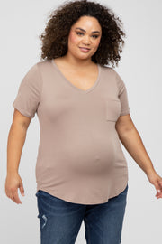 Taupe V-Neck Front Pocket Short Sleeve Maternity Plus Top