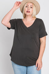 Grey V-Neck Front Pocket Short Sleeve Plus Top