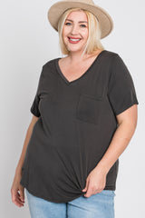 Grey V-Neck Front Pocket Short Sleeve Plus Top