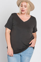 Grey V-Neck Front Pocket Short Sleeve Plus Top