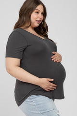 Grey V-Neck Front Pocket Short Sleeve Maternity Plus Top