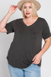 Grey V-Neck Front Pocket Short Sleeve Plus Top