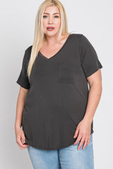 Grey V-Neck Front Pocket Short Sleeve Plus Top