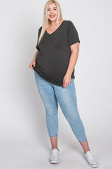 Grey V-Neck Front Pocket Short Sleeve Plus Top