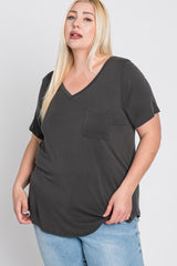 Grey V-Neck Front Pocket Short Sleeve Plus Top