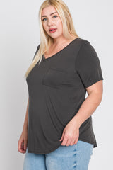 Grey V-Neck Front Pocket Short Sleeve Plus Top