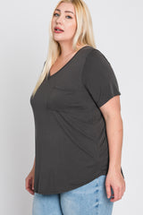 Grey V-Neck Front Pocket Short Sleeve Plus Top