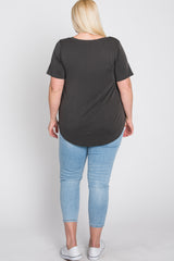 Grey V-Neck Front Pocket Short Sleeve Plus Top