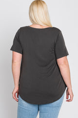 Grey V-Neck Front Pocket Short Sleeve Plus Top