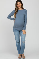 Grey Blue Long Sleeve Basic Maternity Top