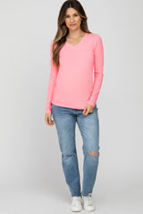 Neon Pink V-Neck Basic Maternity Long Sleeve Top