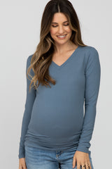 Grey Blue V-Neck Basic Maternity Long Sleeve Top