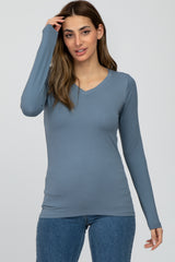 Grey Blue V-Neck Basic Maternity Long Sleeve Top