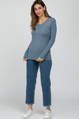 Grey Blue V-Neck Basic Long Sleeve Top