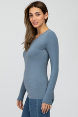 Grey Blue V-Neck Basic Long Sleeve Top