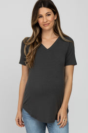 Dark Grey V-Neck Maternity Short Sleeve Round Hem Top