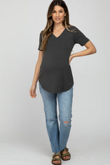 Dark Grey V-Neck Maternity Short Sleeve Round Hem Top