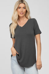 Dark Grey V-Neck Maternity Short Sleeve Round Hem Top