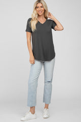 Dark Grey V-Neck Short Sleeve Round Hem Top