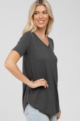 Dark Grey V-Neck Short Sleeve Round Hem Top