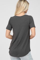 Dark Grey V-Neck Short Sleeve Round Hem Top