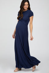 Navy Twist Front Maternity Maxi Dress