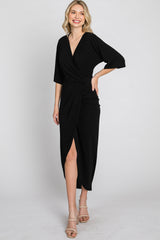 Black Wrap Front Midi Dress