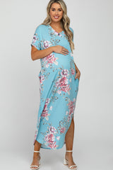 Light Blue Floral Round Hem Maternity Midi Dress