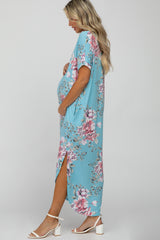 Light Blue Floral Round Hem Maternity Midi Dress