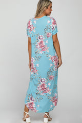 Light Blue Floral Round Hem Maternity Midi Dress