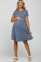 Blue Floral Knit Short Sleeve Maternity Dress