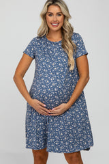 Blue Floral Knit Short Sleeve Maternity Dress