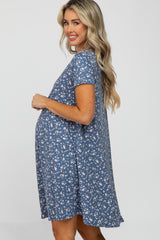 Blue Floral Knit Short Sleeve Maternity Dress