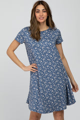 Blue Floral Knit Short Sleeve Dress