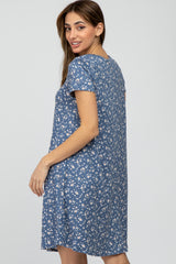 Blue Floral Knit Short Sleeve Dress