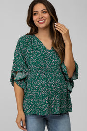 Emerald Green Floral Ruffle Dolman Sleeve Maternity Top