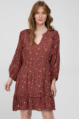 Burgundy Floral Ruffle Trim Maternity Dress