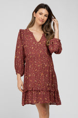 Burgundy Floral Ruffle Trim Maternity Dress