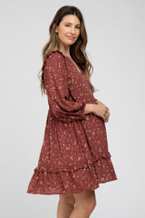 Burgundy Floral Ruffle Trim Maternity Dress