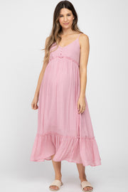 Pink Sleeveless Ruffle Hem Maternity Maxi Dress