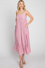 Pink Sleeveless Ruffle Hem Maxi Dress